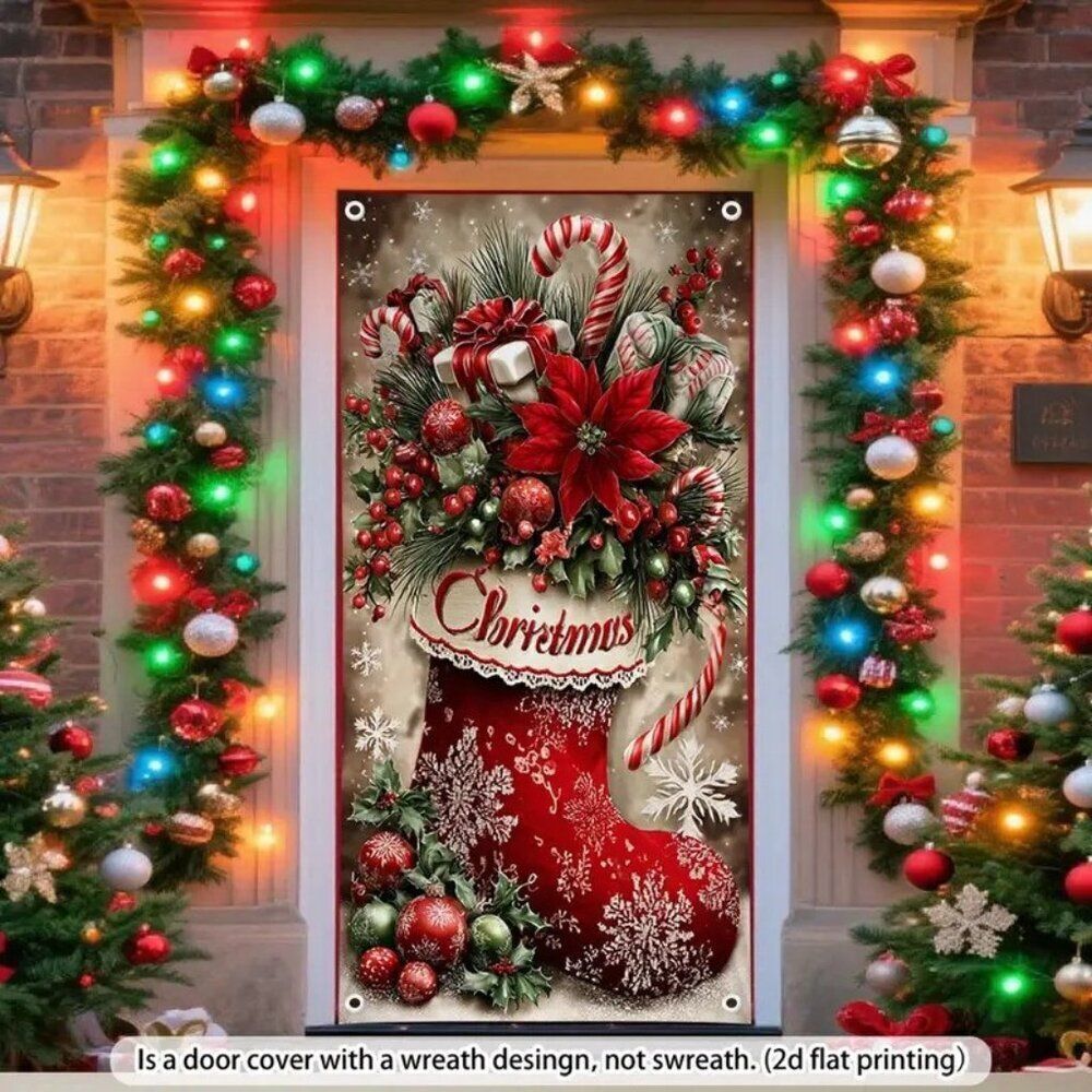 71 x 35 2D Holiday Door Banner One Festive Christmas Candy Cane and Stocking